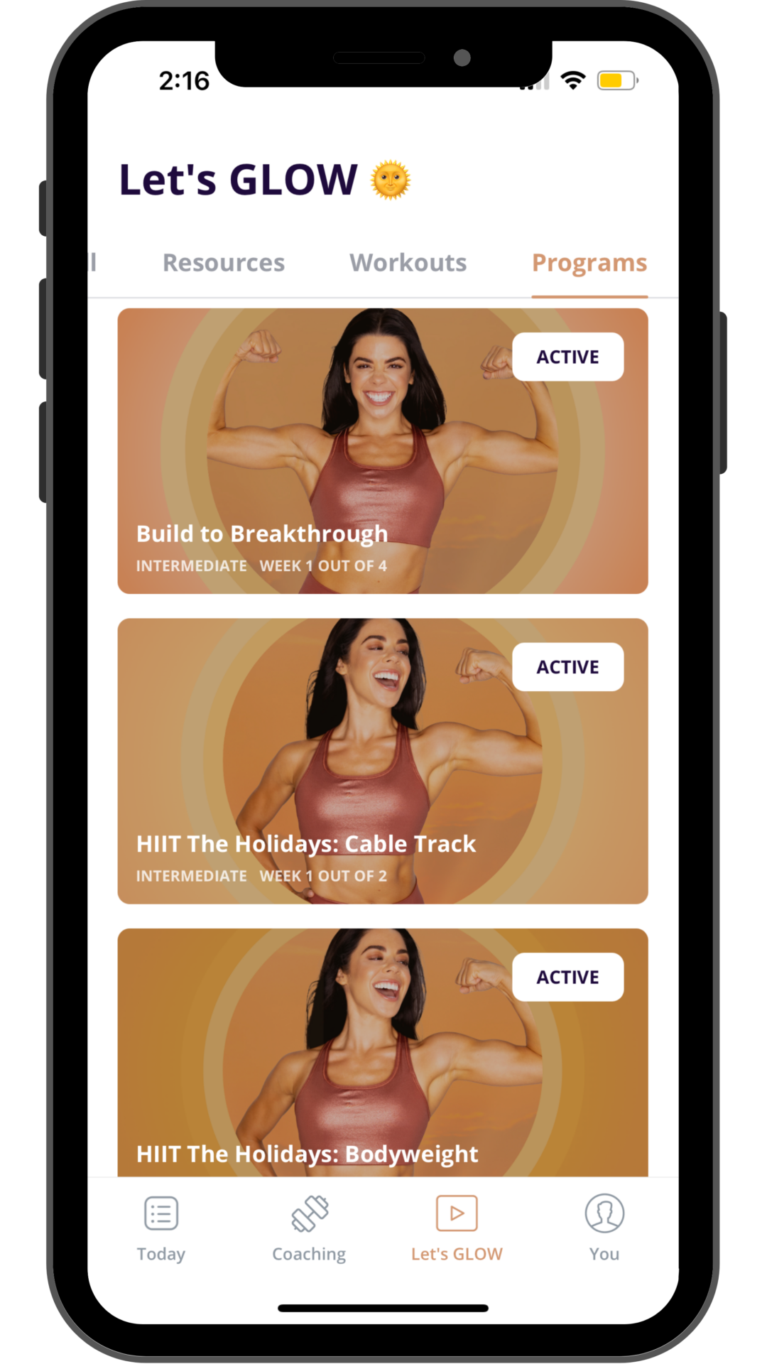 GLOW Phone Demo: FITNESS: Curated Programs & Challenges