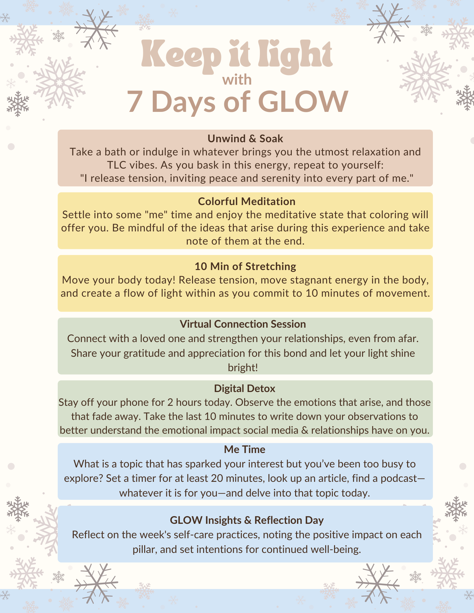 Keep it light - Holiday GLOW Wellness Guide, 7 Days of GLOW, Wellness PDF, Including Unwind & Soak, Meditation, Stretching, Connection, Digital Detox, Me Time and Reflection